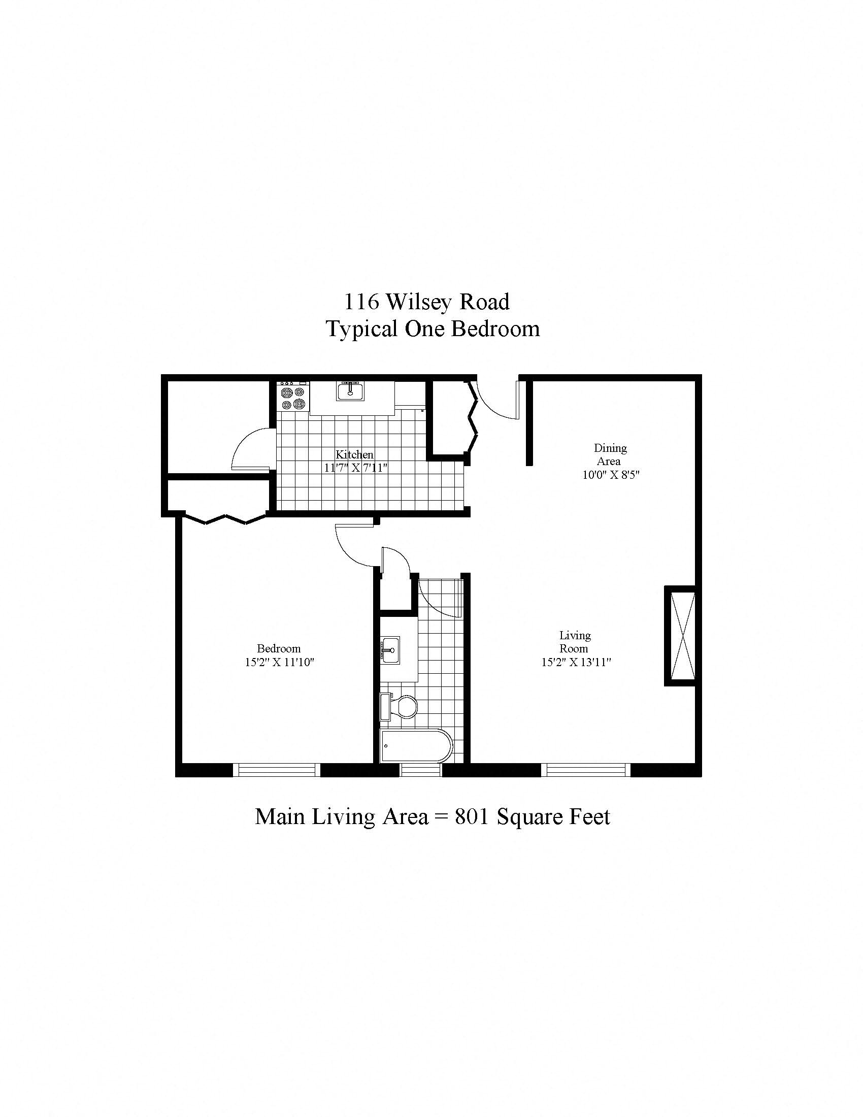 Floor plan for 1 bed, 1 bath, 500 sqft